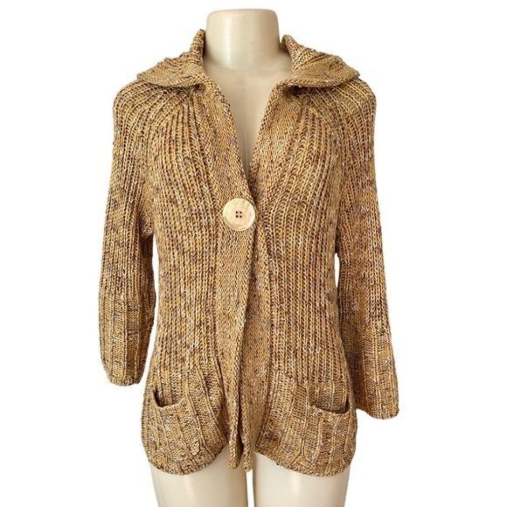 Vertigo Marled Tan‎ Lagenlook Button Cardigan 3/4 Sleeve Pockets Hooded Sweater